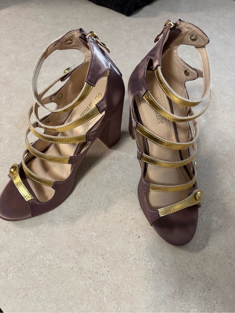 Olivia Miller Northfolk Purple and Gold Strappy Block Heel Sandals